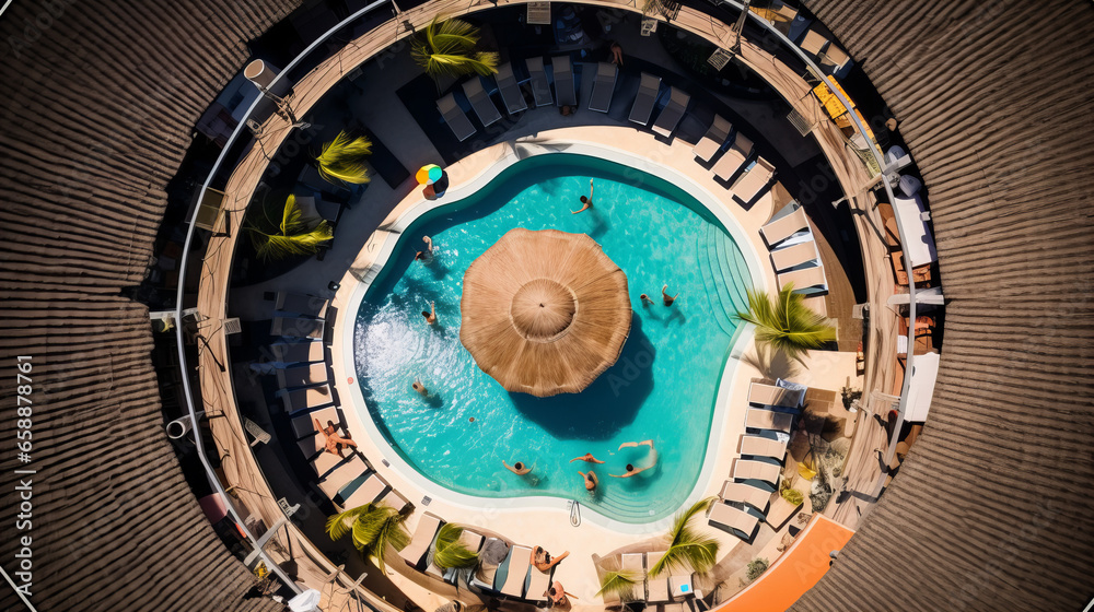 Aerial View of Circular Pool Oasis, bird's-eye view captures vacationers enjoying a uniquely designed circular pool, with a central hut and surrounding sunbeds