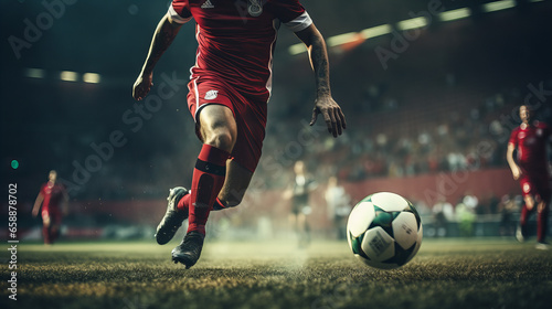 Soccer Match Energy - Player in Action, intense moment on the soccer field with a focused player dribbling at high speed, showcasing the dynamic excitement of the sport.