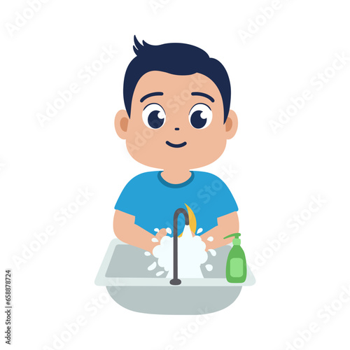 A boy kids washing his hands in the sink concept vector illustration. Washing hands under faucet with soap and water. Virus and bacteria prevention healthcare.