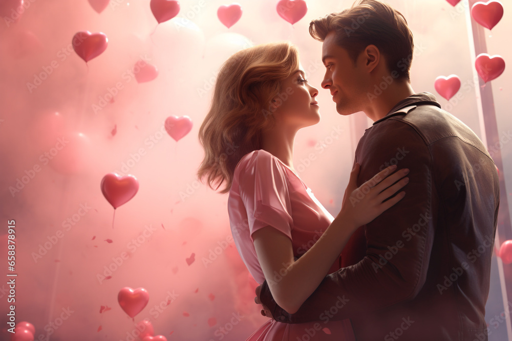 Valentine's Day, love concept. Happy, young and beautiful couple celebrating valentine's Day. Abstract minimalist and surreal background with classic shape hearts. Generative AI Valentine's Day, love concept. Happy, young and beautiful couple celebrating valentine's Day. Abstract minimalist and surreal background with classic shape hearts. Generative AI