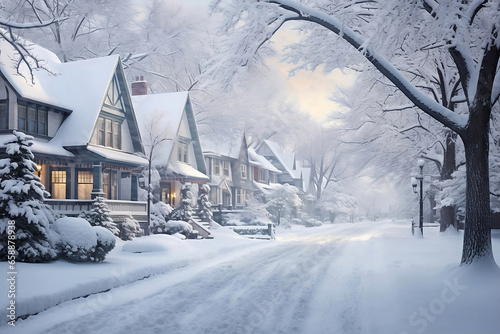 house in the snow, Winter's Blanket: Enchanting Snowy Landscapes Transforming Ordinary Streets and Cozy Homes into a White Christmas Wonderland. photo
