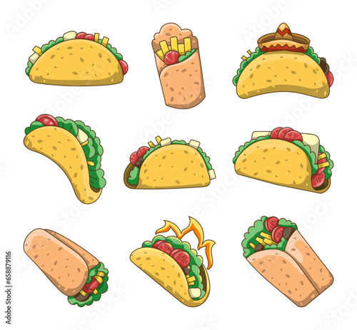 Tasty taco and burrito. Mexican fast food. Vector drawing. Collection of design elements.