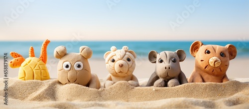 Children s entertainment at the beach with sand animals molds toys and games With copyspace for text photo