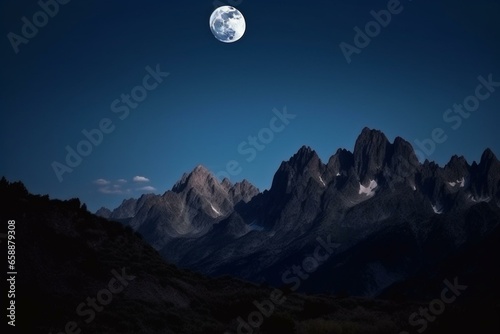 Scenic landscape with majestic peaks in the backdrop of a peaceful moonlit night. Generative AI