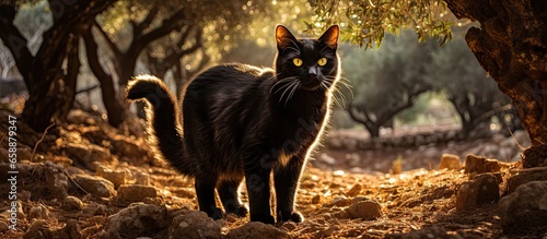 Gorgeous black cat in a Mediterranean olive grove with morning sunlight in Jerusalem Israel With copyspace for text