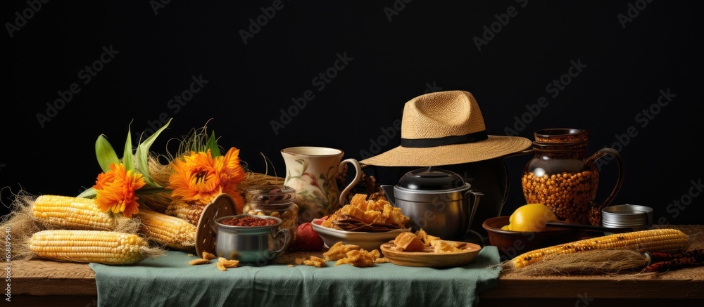 Festa Junina a Brazilian party table with traditional treats like pa oca p de moleque doce de leite cocada and a country hat with corn husk With copyspace for text