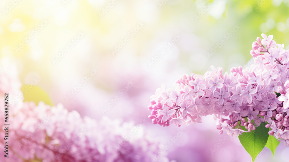 Gentle pink-white lilac branches on blurred greenery