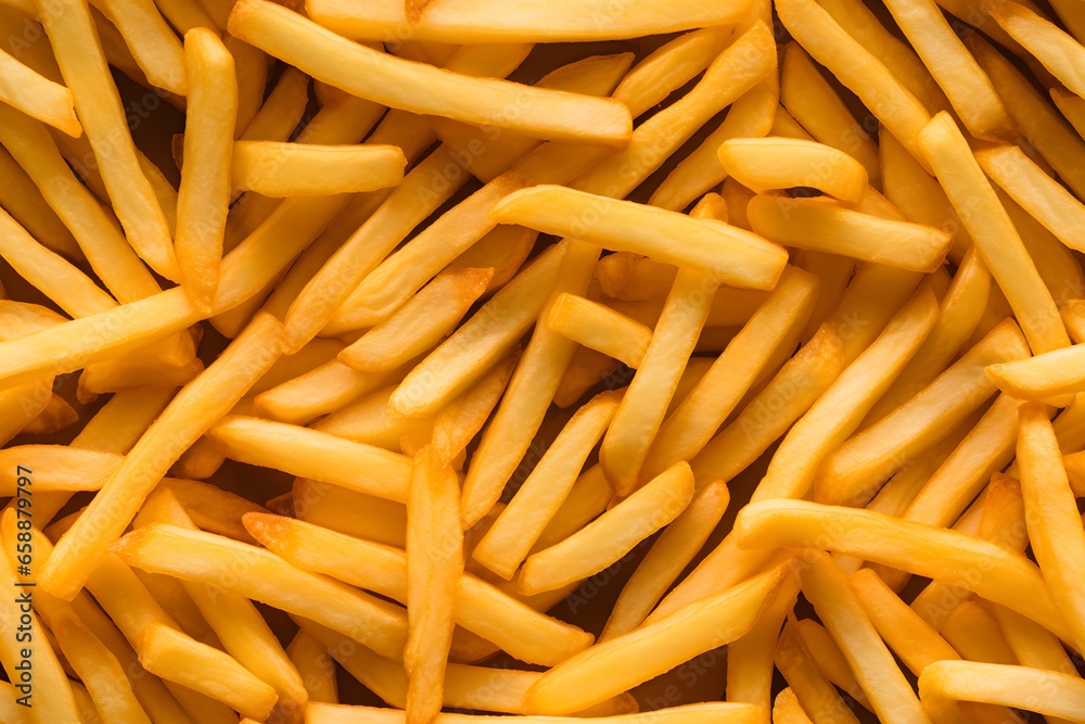 seamless texture and full-frame background of piled French fries, neural network generated image. Not based on any actual scene or pattern. seamless texture and full-frame background of piled French fries, neural network generated image. Not based on any actual scene or pattern.