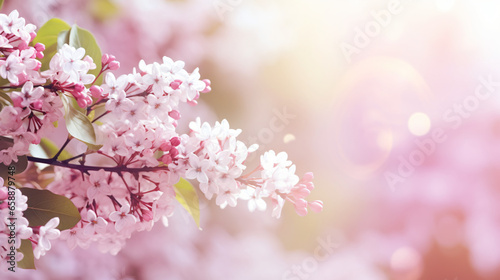 Gentle pink-white lilac branches on blurred greenery © Tariq