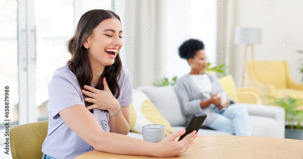 Phone, laughing and young woman in the living room watching a video on social media or mobile app. Happy, cellphone and female person reading funny post on the internet in the lounge at apartment. Phone, laughing and young woman in the living room watching a video on social media or mobile app. Happy, cellphone and female person reading funny post on the internet in the lounge at apartment.