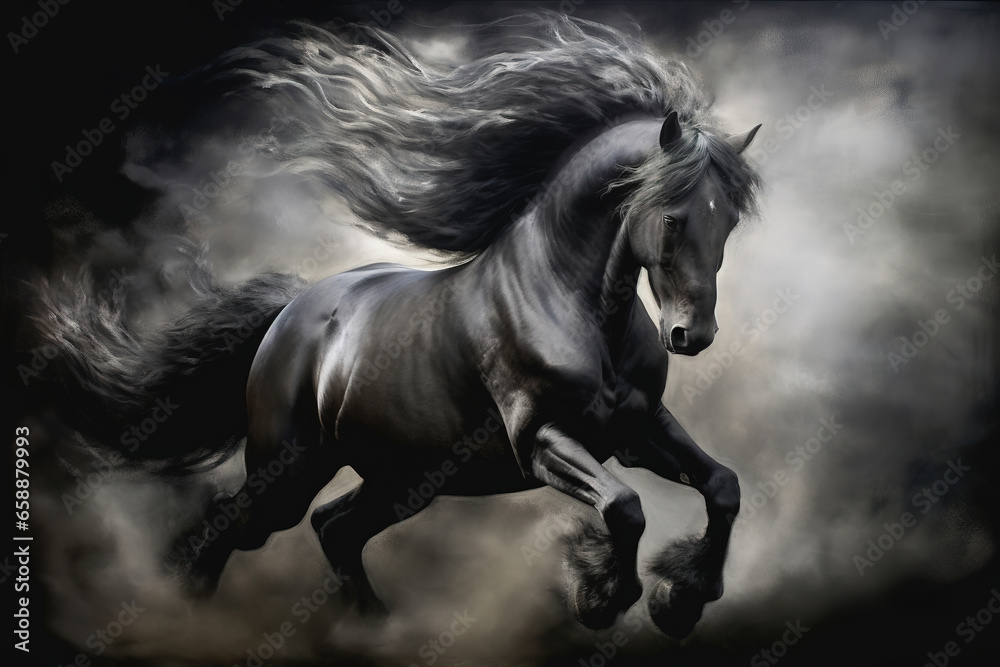 Fototapeta premium Gorgeous black horse galloping through the smoke, stunning illustration