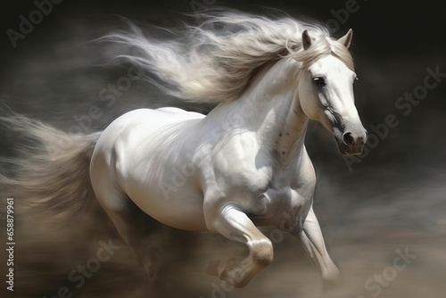 Gorgeous white horse galloping through the smoke  stunning illustration