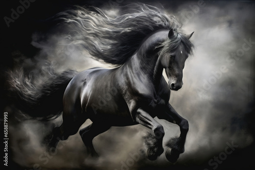 Gorgeous black horse galloping through the smoke, stunning illustration © Cheport