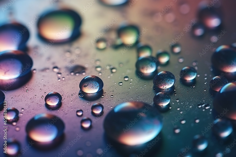 Closeup of water drops on colorful holographic surface. Colorful abstract macro background of round geometry with air bubbles inside. Sparkly cover with muted colors. Generative AI