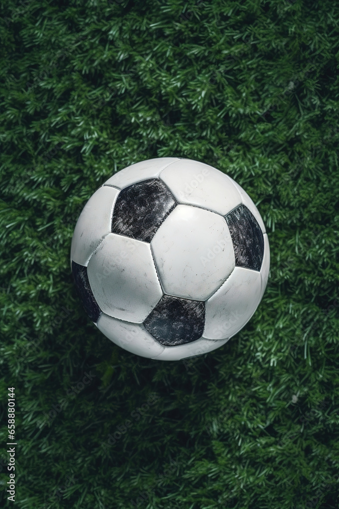 Soccer ball laying on the green grass of soccer field, directly above view Soccer ball laying on the green grass of soccer field, directly above view