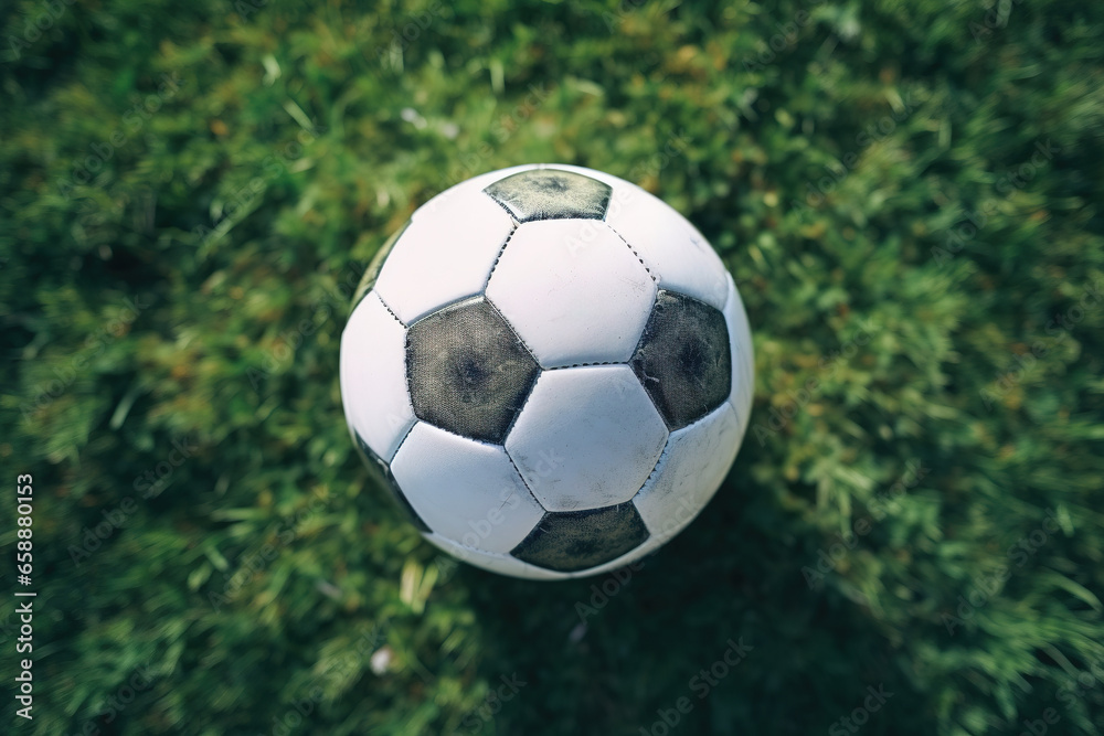 Soccer ball laying on the green grass of soccer field, directly above view