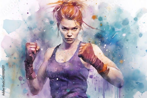 Strong confidence fitness woman, grunge style watercolor art photo
