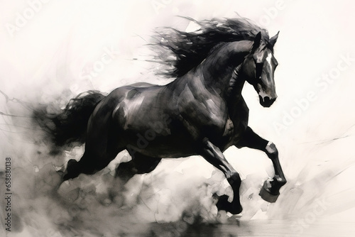 Gorgeous black horse galloping through the smoke  stunning black and white drawing