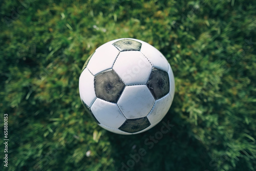 Soccer ball laying on the green grass of soccer field, directly above view