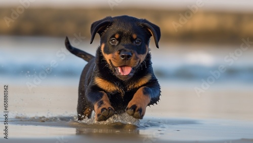 Cute Rottweiler puppy playing and running on a beach. Puppy training on a sunny evening.