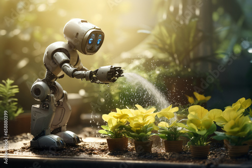 AI robot watering plants with water