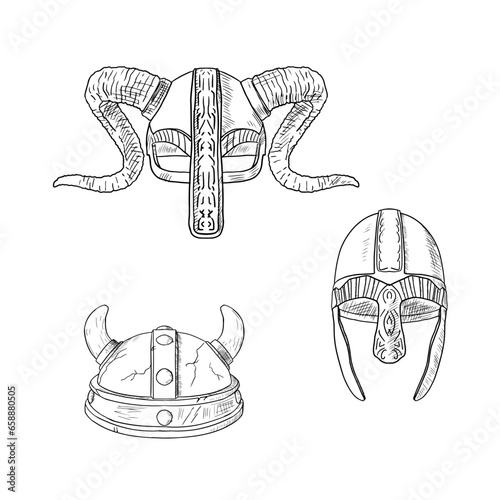 Set of helmets. Vector illustrations. Isolated on white. Hand drawn style.