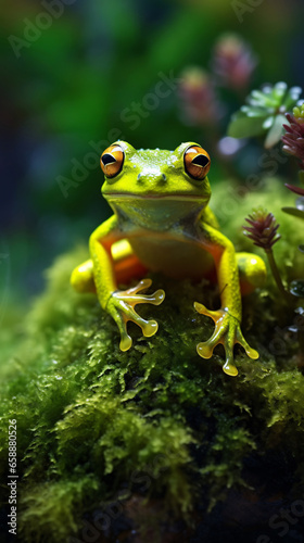 Capturing a Gleeful Moment Close-up of a Gliding Frog, Almost Laughing, Perched on Moss in the Indonesian Forests