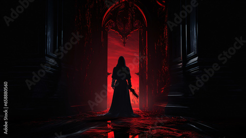 Gothic Silhouette of a Woman in a Red Cape