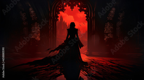 Gothic Silhouette of a Woman in a Red Cape