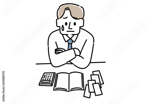 帳簿を見ながら考え込んでいる人物のイラストセット（ビジネスマン男性）