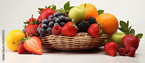 Basket with fruit made of wicker With copyspace for text