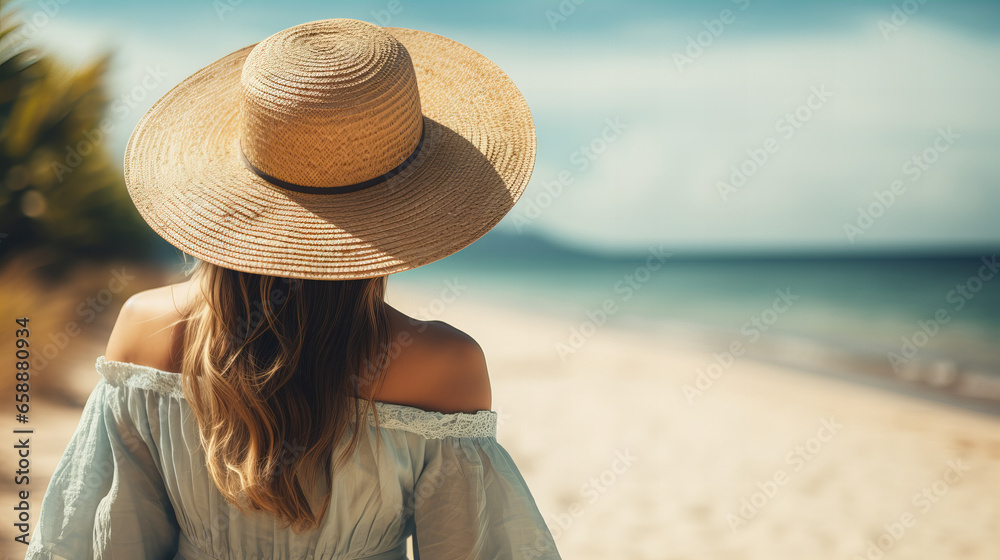 Young woman on summer beach vacation in stylish boho dress and hat watching to blue sea, Beautiful woman in straw hat and white dress walking on beach near ocean, copy space