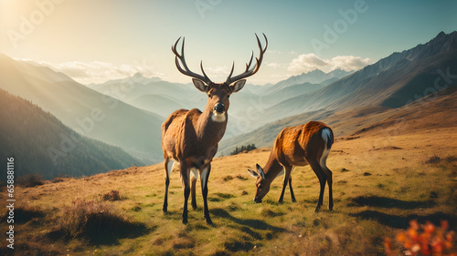 full body of deer on among beautiful mountain at sunny day.  © Vishani 