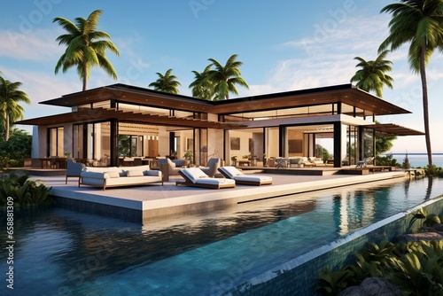 Luxurious island villa with ocean and beach view. Generative AI © Eszter