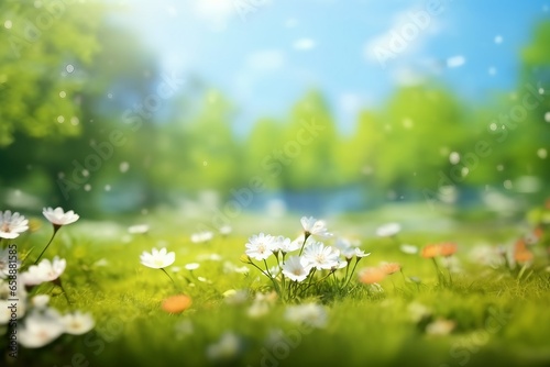 Beautiful blurred spring background nature with blooming glade, trees and blue sky on a sunny day. generative ai. © SEUNGJIN