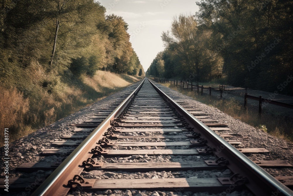 Vertical photo of railroad tracks in daylight. Generative AI