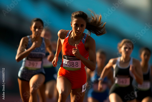 A sporty dynamic portrait of a runner at the finish line of a competition, a female runner in a red T-shirt finishes first