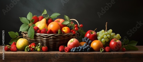 Table with ripe fruit basket With copyspace for text