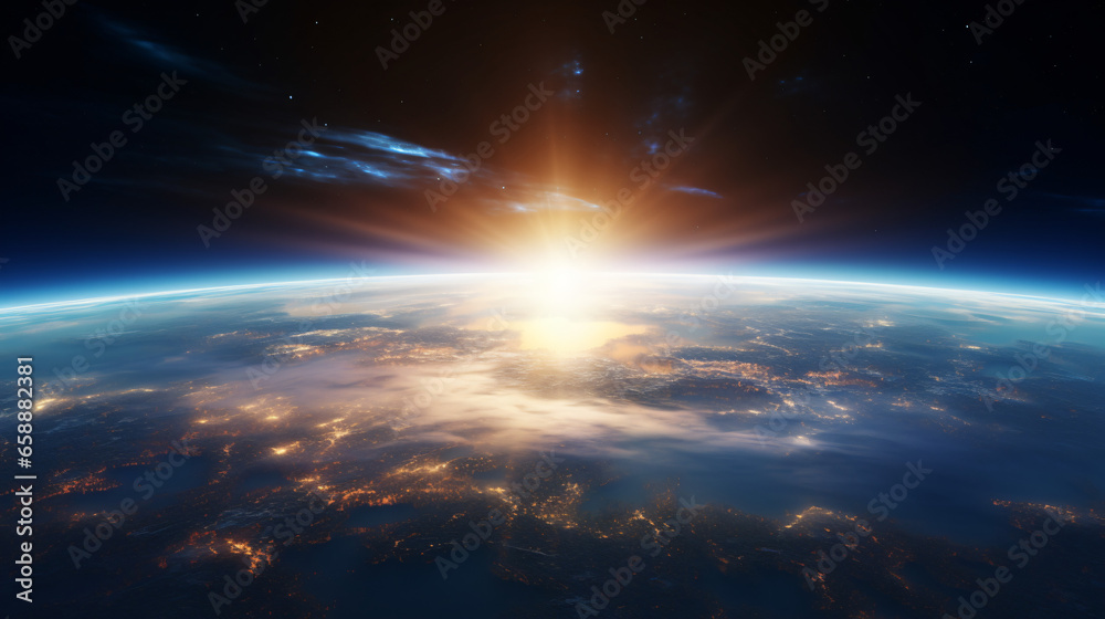 Panoramic view of the Earth, sun, star, and galaxy.