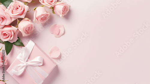 Paper card between light pink roses and gift on light background © Tariq