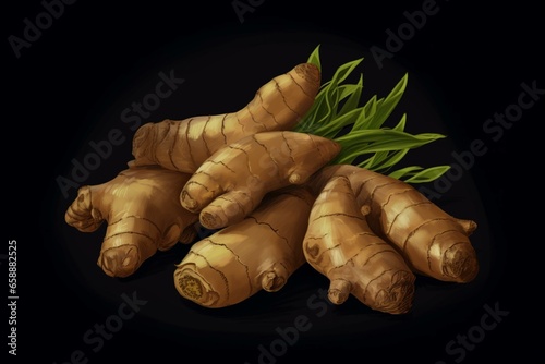 Illustration of ginger tubers against a dark background. Generative AI