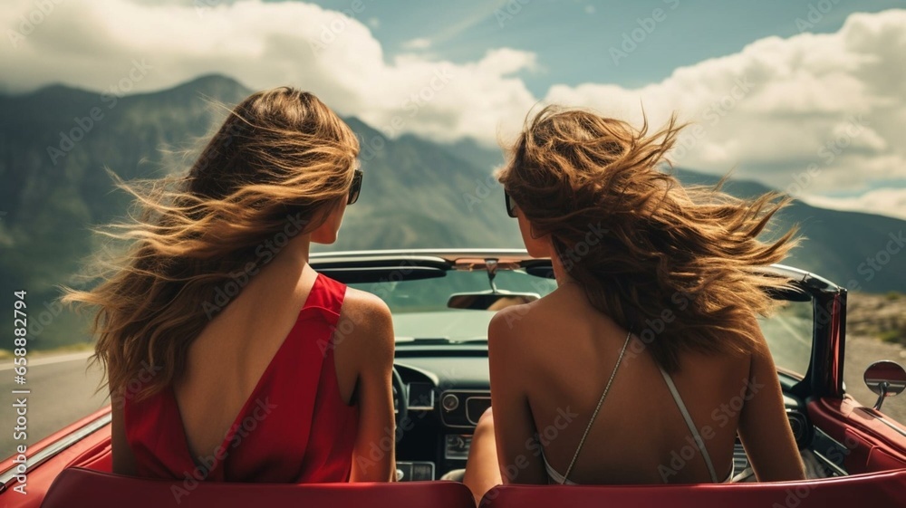 Two girls in a convertible car - obrazy, fototapety, plakaty 
