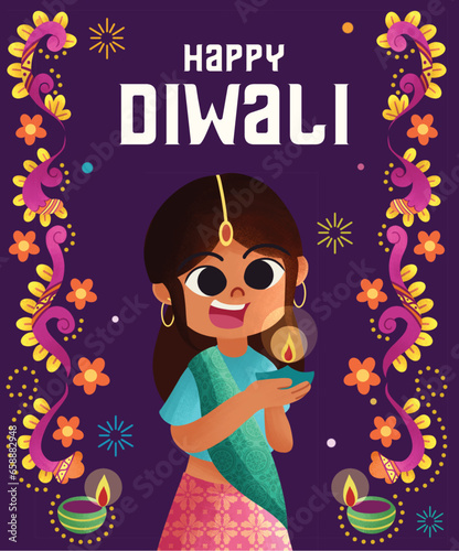 Illustration Diwali children holding oil lamp