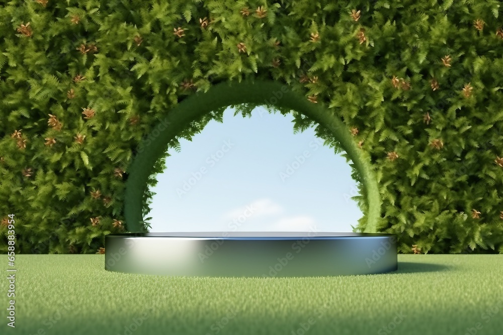 Fototapeta premium platform and Natural podium background on the grass field with green leaf arch door for product display, Blank showcase, mock up template or cosmetic presentation. generative ai.