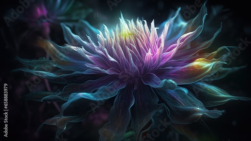 Fabulous magical glowing flower in the night forest close-up