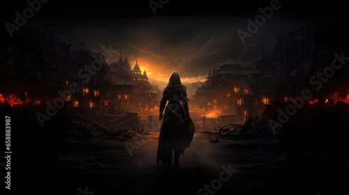 Medieval woman assassin in black cloak stands against the background of glowing burning city at night