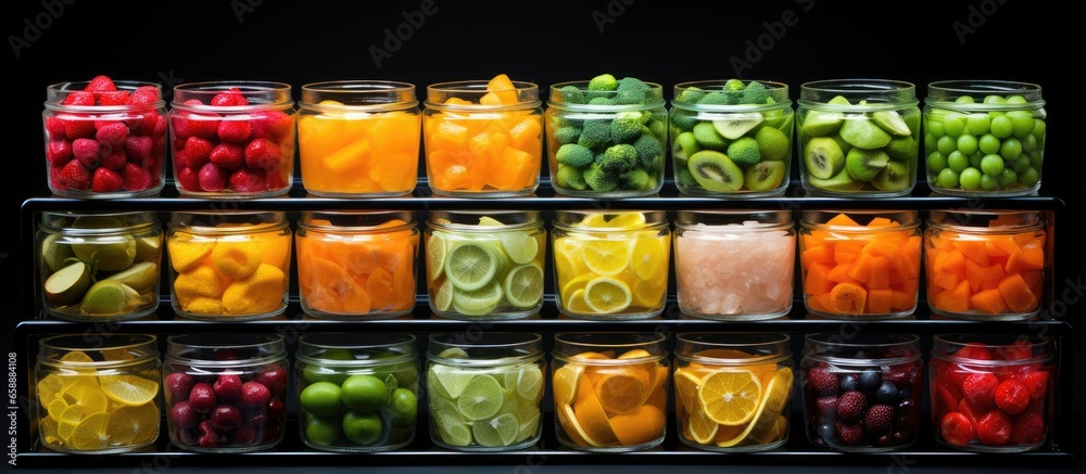 Displayed containers with various cut fruits for sale With copyspace for text