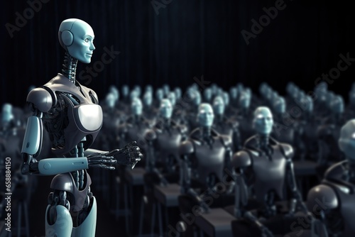 Humanoid robot performs from podium in front of audience. Future, artificial intelligence. Cyborg robots in Parliament