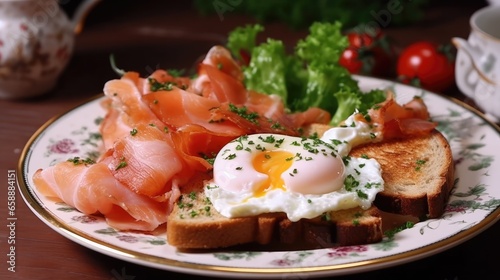 Breakfast Fried eggs bacon cottage cheese toast with salmon on a plate