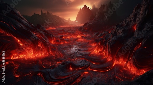 End of the world, the apocalypse, Armageddon. Lava flows flow across the planet, hell on earth photo